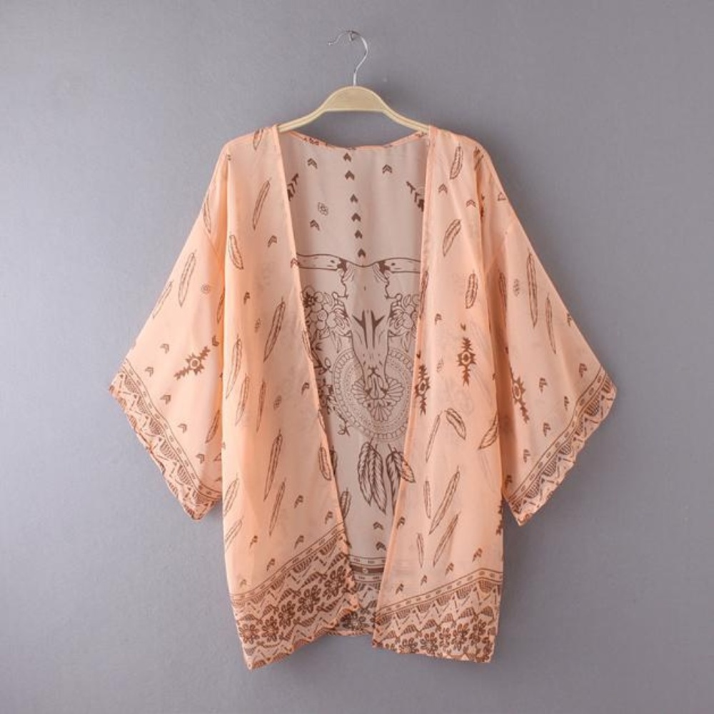 Boho skull print open front kimono with sleeves - Picture 6 of 8